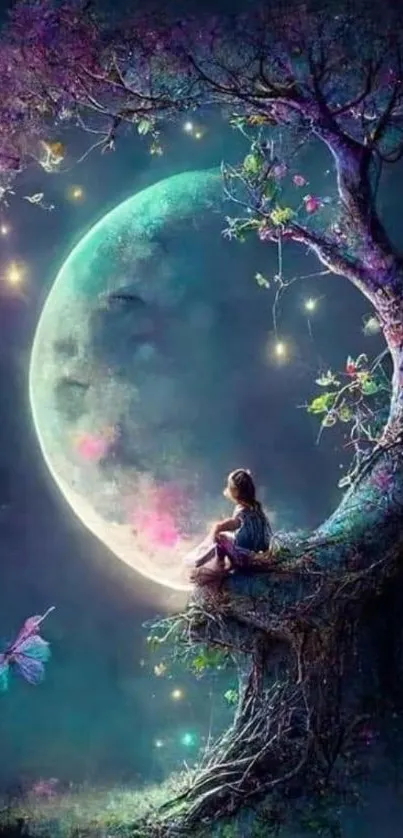 Child sitting on tree with glowing moon in fantasy scene.