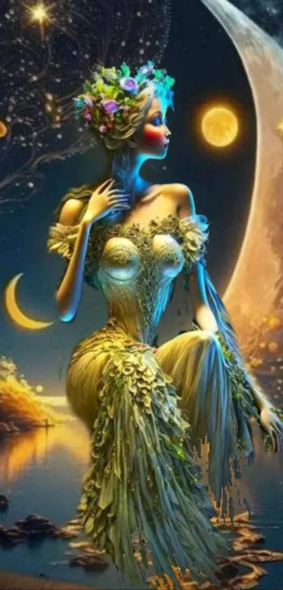 Fantasy art wallpaper of a celestial goddess in a moonlit scene.