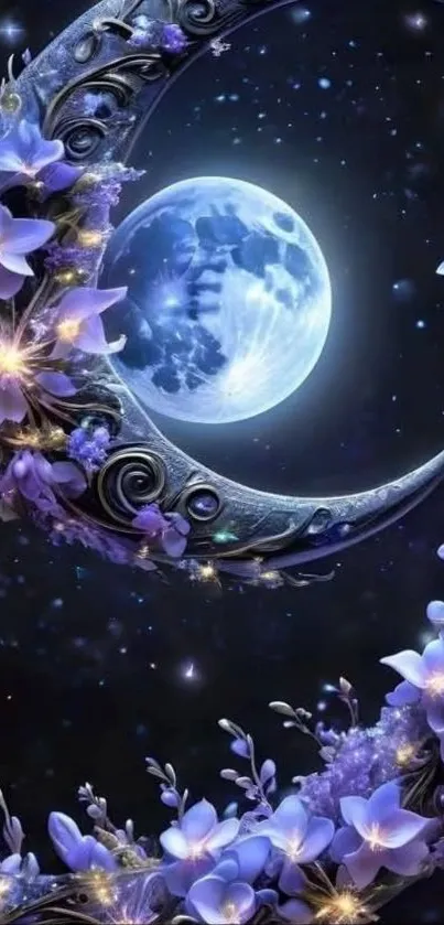 Enchanted moonlit scene with purple flowers and crescent.