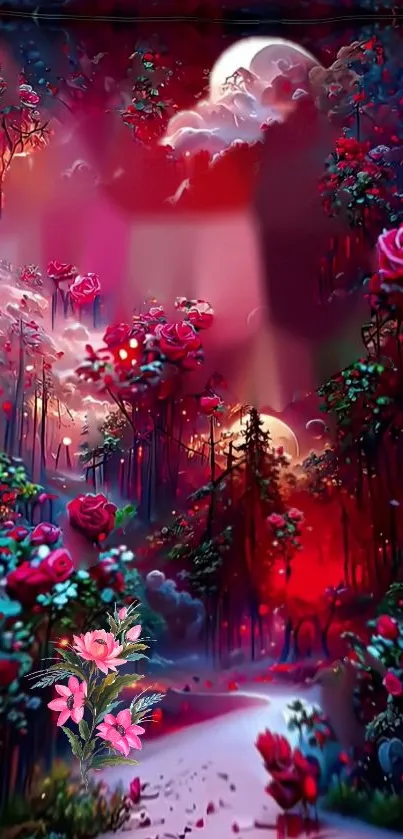 Moonlit path with vivid roses and lush greenery in a fantasy setting.