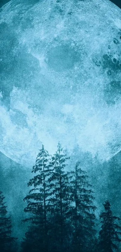 Moonlit forest with teal tones and a glowing full moon in the night sky.