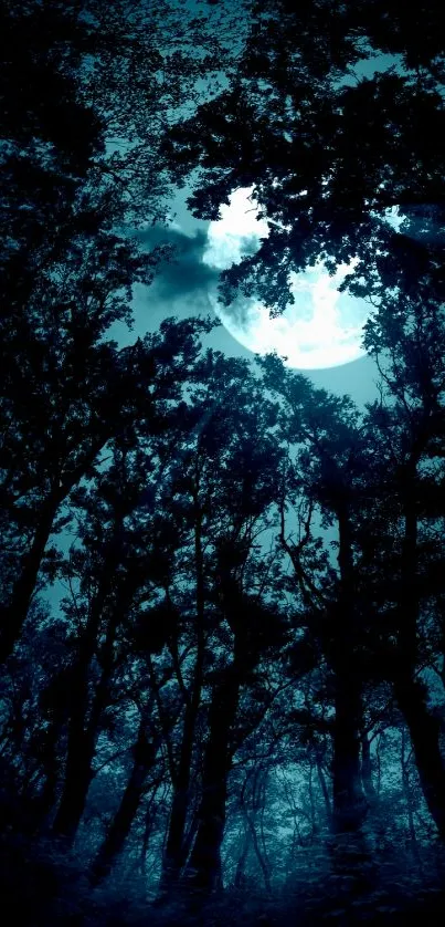 Mystical forest silhouette under a full moonlit night sky in shades of blue.