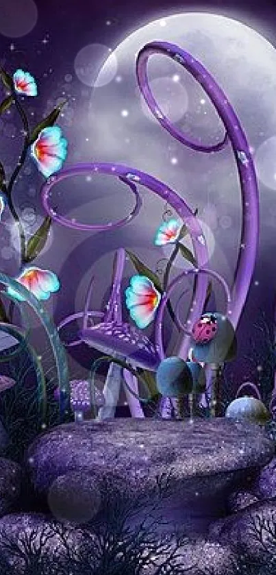 Fantasy forest wallpaper with purple plants and moon.