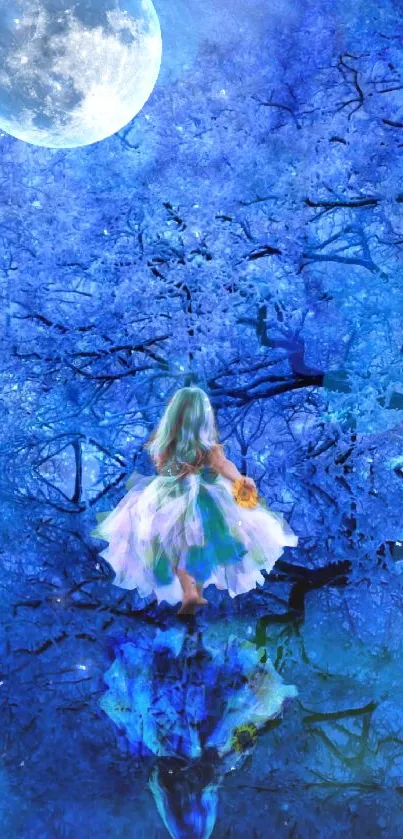 Woman in a moonlit blue forest with reflection on water.