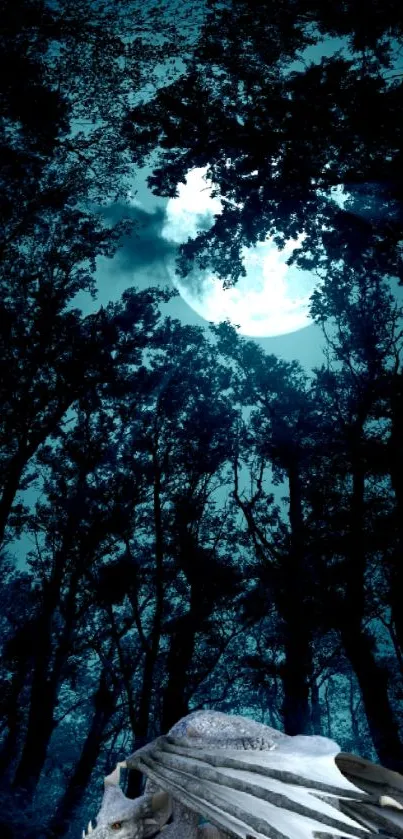 Moonlit forest with dark tree silhouettes under a bright sky.