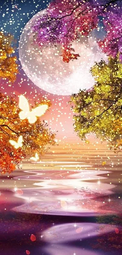 Enchanted forest with colorful leaves and moonlit butterflies.