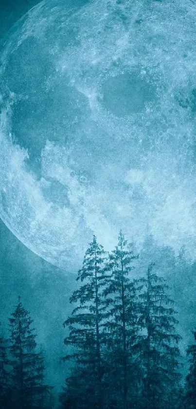 Luminous full moon over a forest with a blue hue, mobile wallpaper.