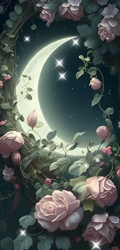 Moonlit garden with roses and leaves, enchanting night wallpaper.