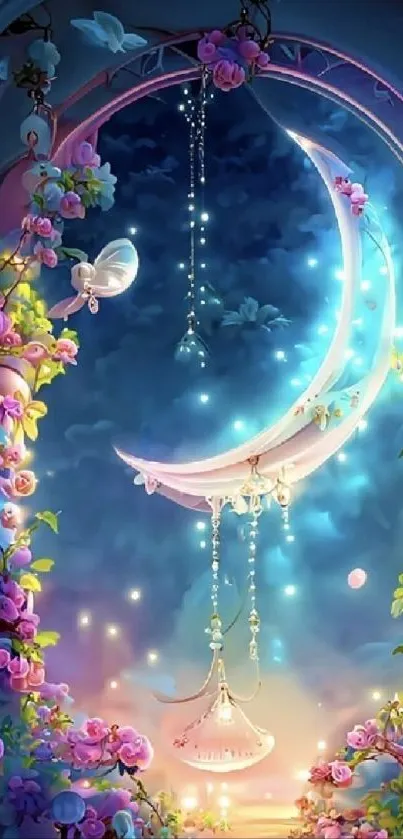 Dreamy crescent moon with glowing flowers and lights in a fantasy garden arch.