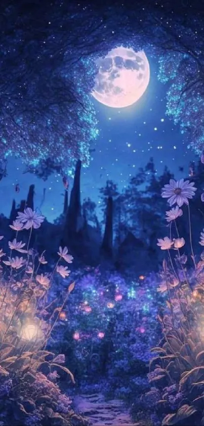 Enchanted moonlit garden with glowing flowers under a deep blue night sky.