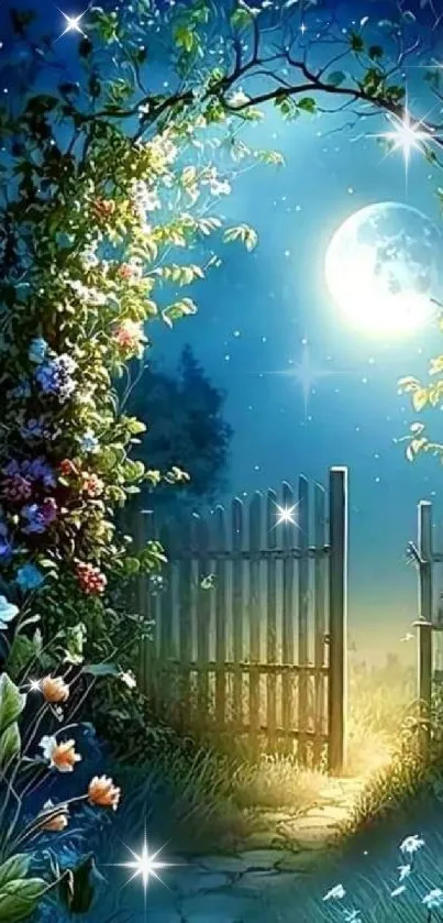 Enchanted moonlit garden with floral archway and glowing gate.