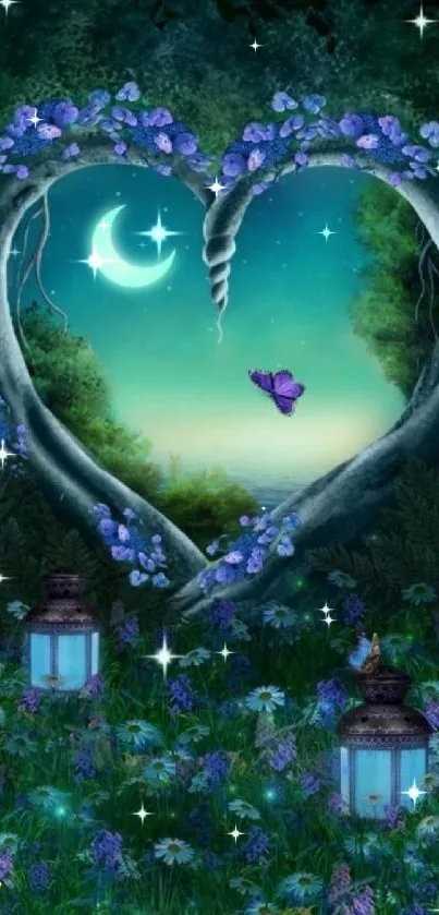 Enchanted heart with moon and butterfly in a mystical forest scene.