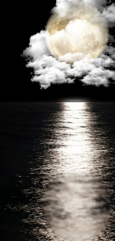 Moonlit night over ocean with cloud reflection.