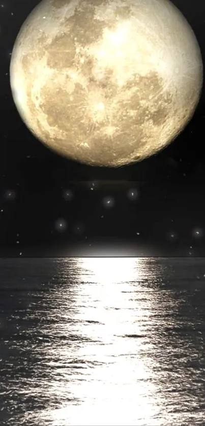 Moonlit ocean with full moon reflecting on water.