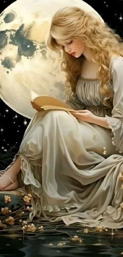 Young woman reading under a full moon with serene water reflection.