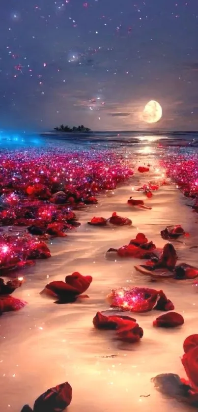 Enchanting moonlit path with sparkling roses by the ocean.