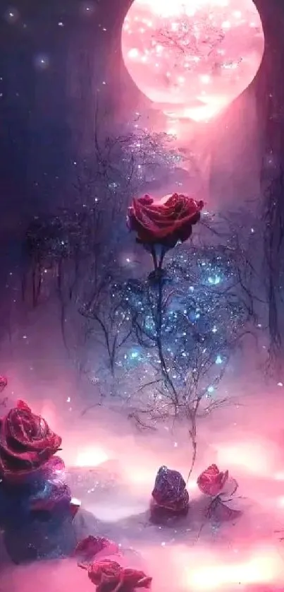 Mystical rose reaming in pink moonlight with an ethereal, magical glow.
