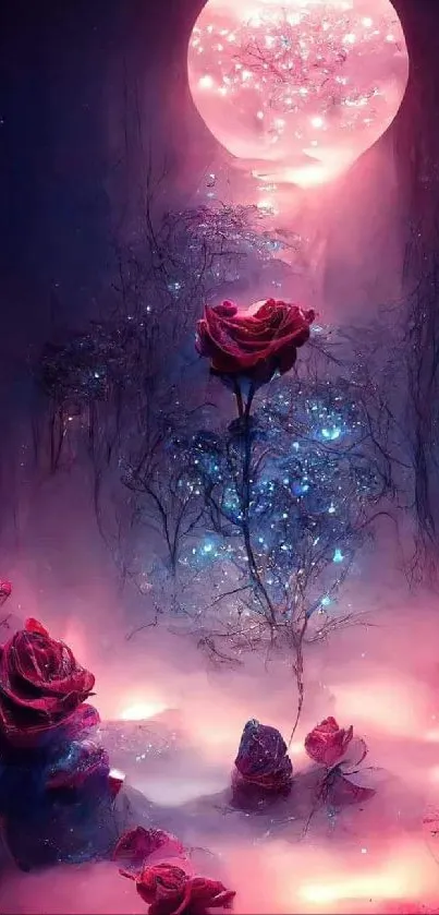 Magical moonlit roses wallpaper with glowing fantasy hues.