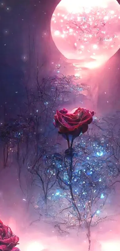 Mystical roses under a glowing purple moon.