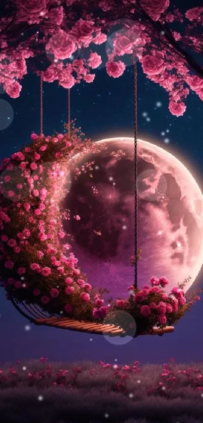 Magical swing with flowers beneath a glowing moonlit sky.