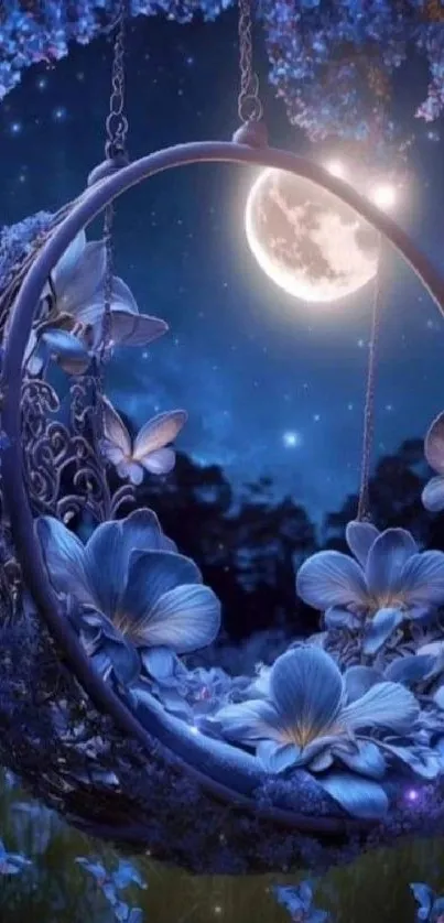 Moonlit swing adorned with blue flowers.