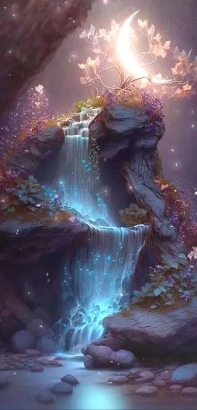 Enchanted moonlit waterfall with glowing aura.