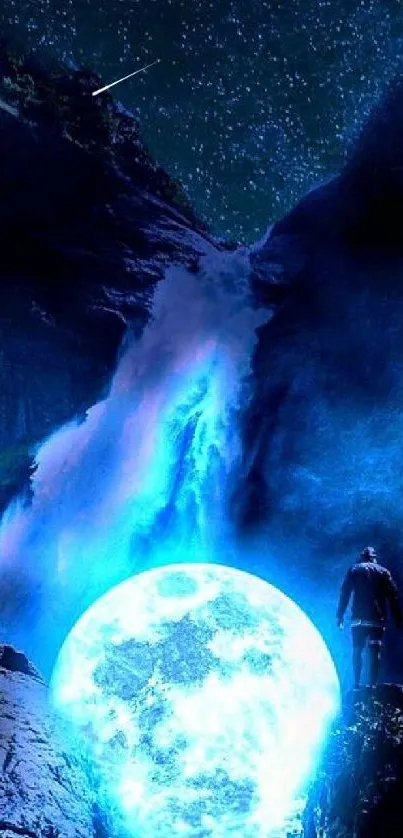 Person standing by a moonlit waterfall with glowing blue and starry night sky.