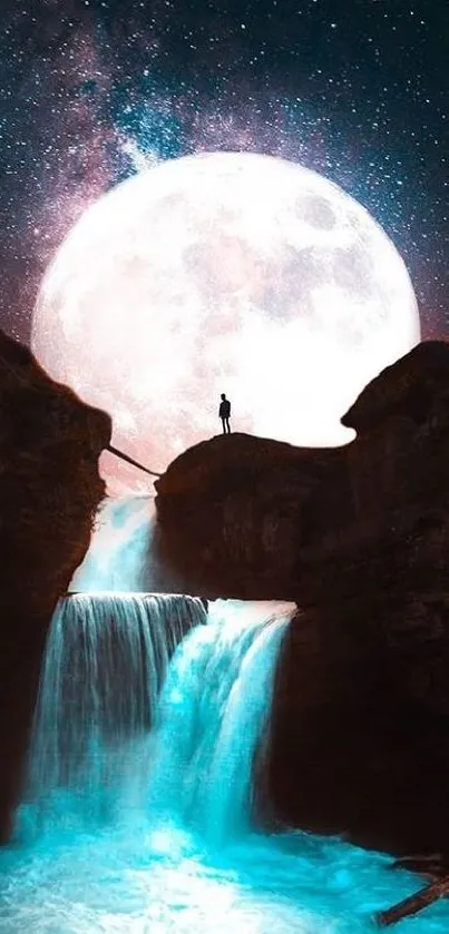 A stunning moonlit waterfall under a starry night sky with a lone figure on a rock.