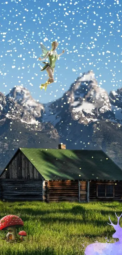 Fantasy scene with a cabin, fairy, and mountains under a snowy sky.