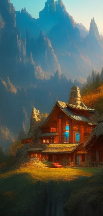 Enchanting view of a cottage against majestic mountain peaks.