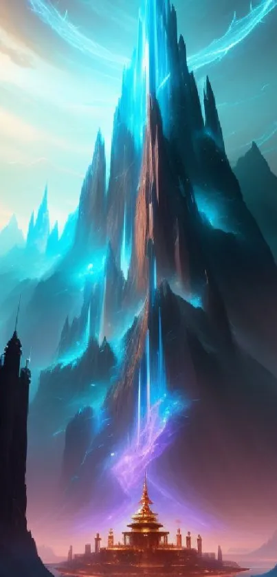 Fantasy mountain landscape with mystical blue lights.