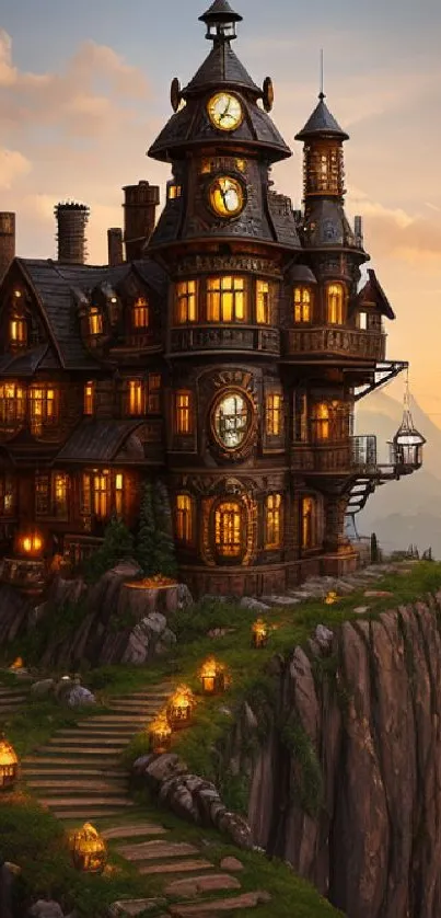 Whimsical house on a mountain cliff with warm lights.