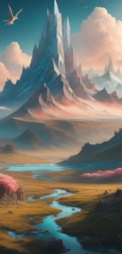 Fantasy mountain landscape with a river and serene sky.