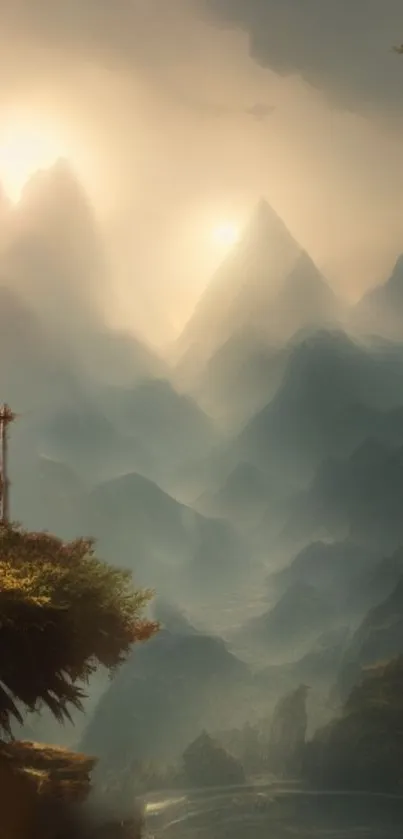 A mystical mountain landscape with a serene figure overlooking misty peaks.