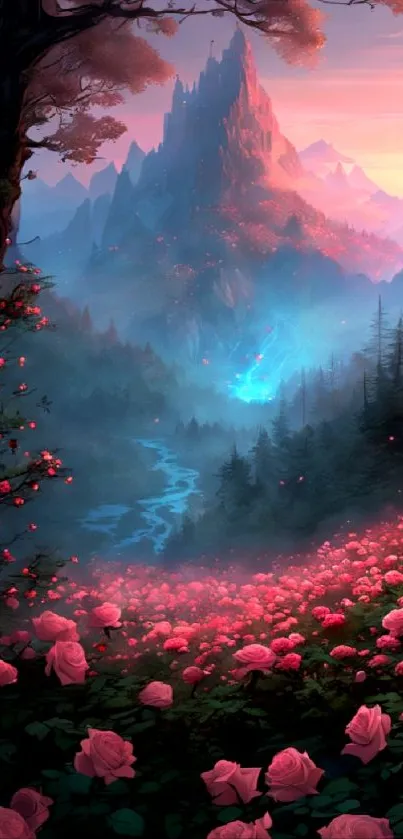 Mystical landscape with pink flowers and a majestic mountain at sunset.