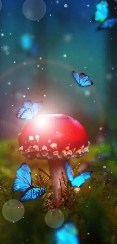 Enchanting mushroom with blue butterflies in a mystical forest scene.