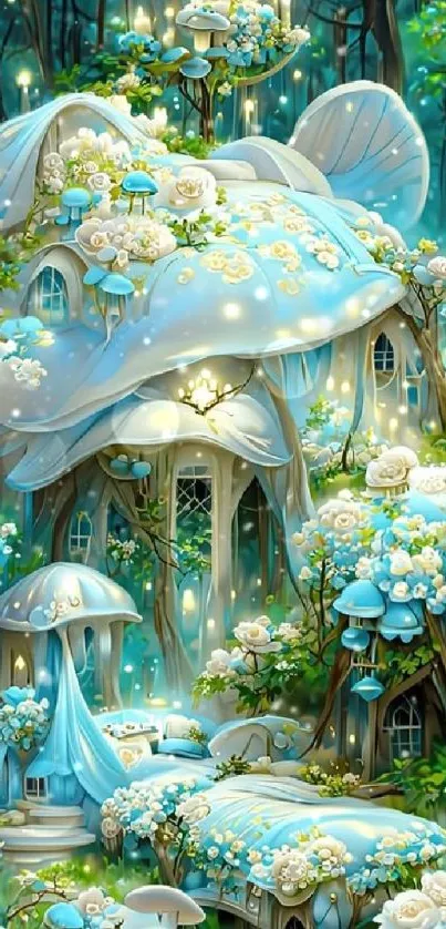 Enchanted mushroom cottage with glowing lights in a serene forest setting.