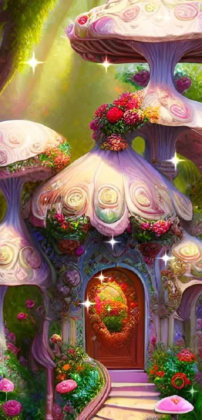 Whimsical mushroom cottage in a vibrant fantasy forest setting.