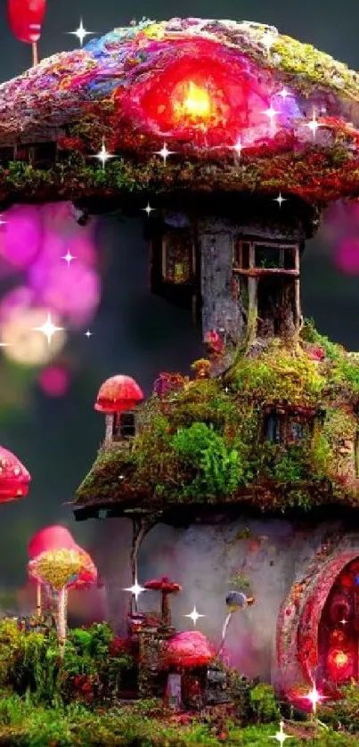 Whimsical mushroom cottage with glowing accents in a fantasy landscape.