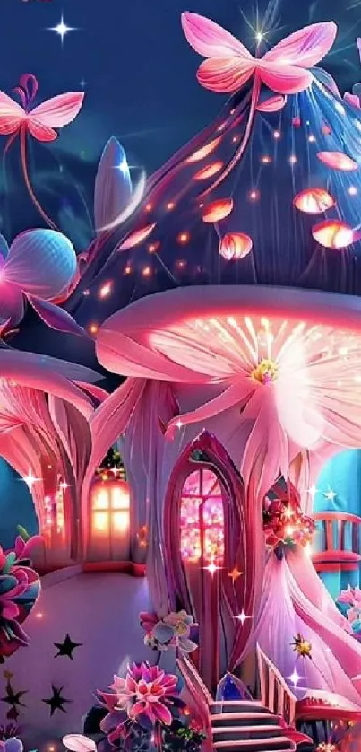 Whimsical fantasy art with pink mushrooms and butterflies.