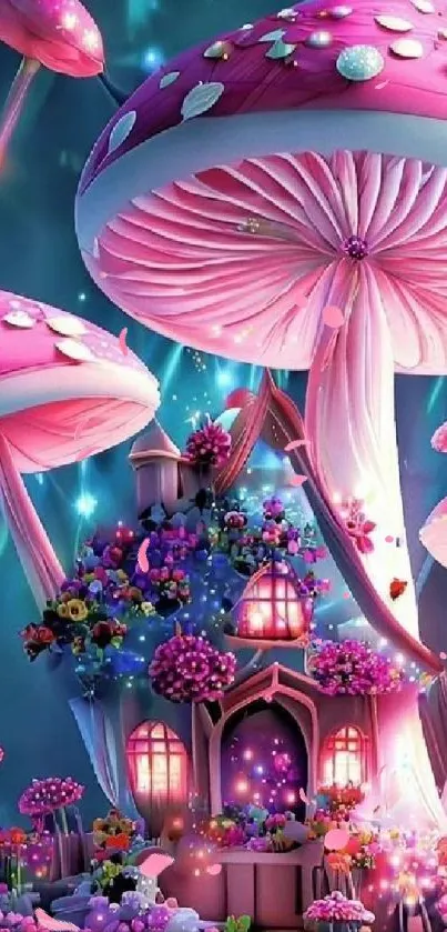 Enchanted mushroom fantasy wallpaper with vibrant colors and a magical cottage.