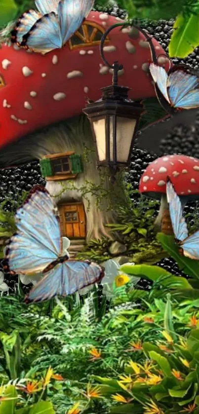 Fantasy mushroom house with butterflies in a vibrant garden setting.