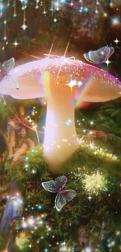 Enchanted mushroom with butterflies and sparkling lights in a mystical forest.