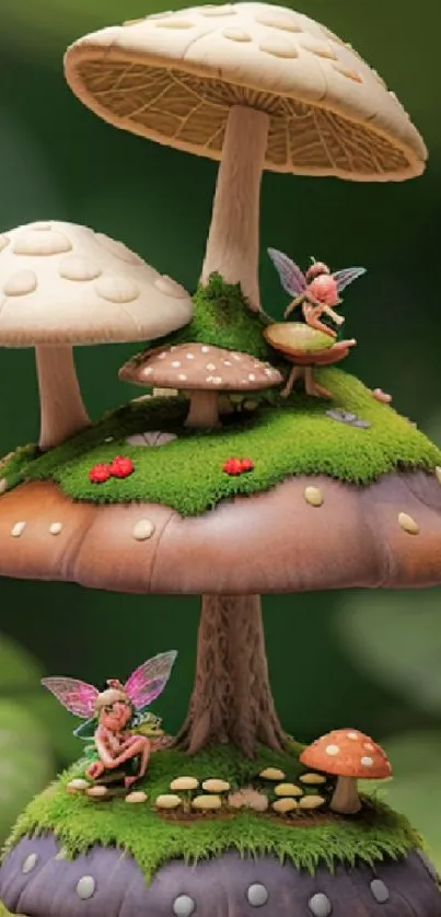 Enchanted mushroom scene with fairies and lush greenery.