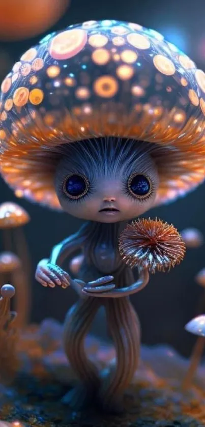 Adorable mushroom creature in a whimsical fantasy setting.
