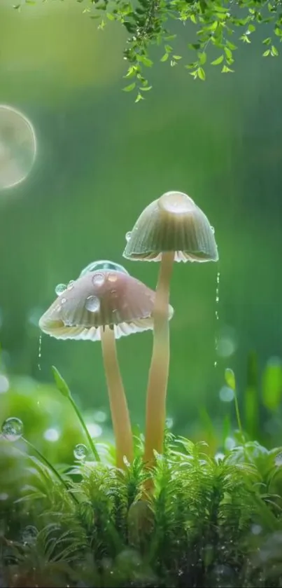 Enchanting mushroom forest wallpaper, lush greenery and raindrops.