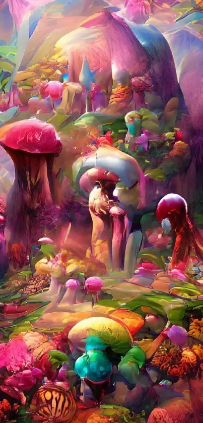 Colorful surreal mushroom forest art wallpaper.