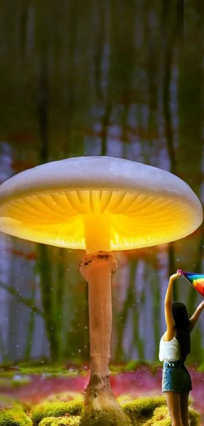 Girl with colorful scarf under giant glowing mushroom in forest.