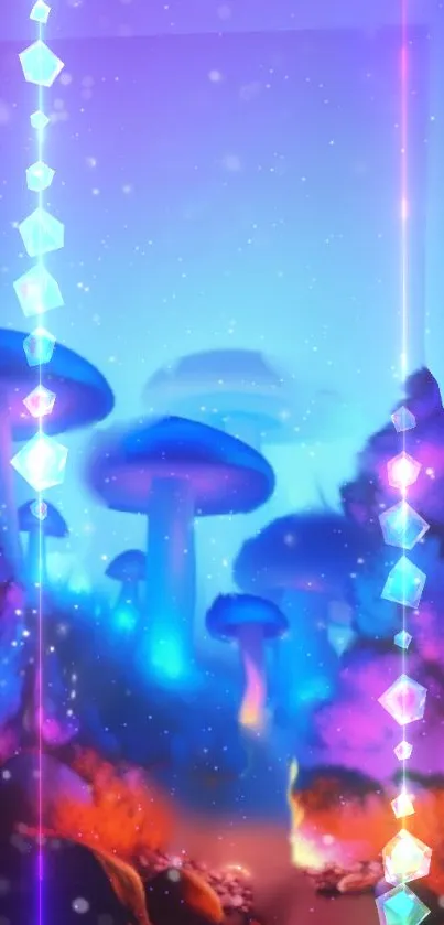 Enchanting forest with glowing mushrooms and crystals.