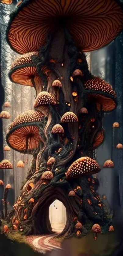 Enchanted forest with vibrant mushrooms and lush trees.